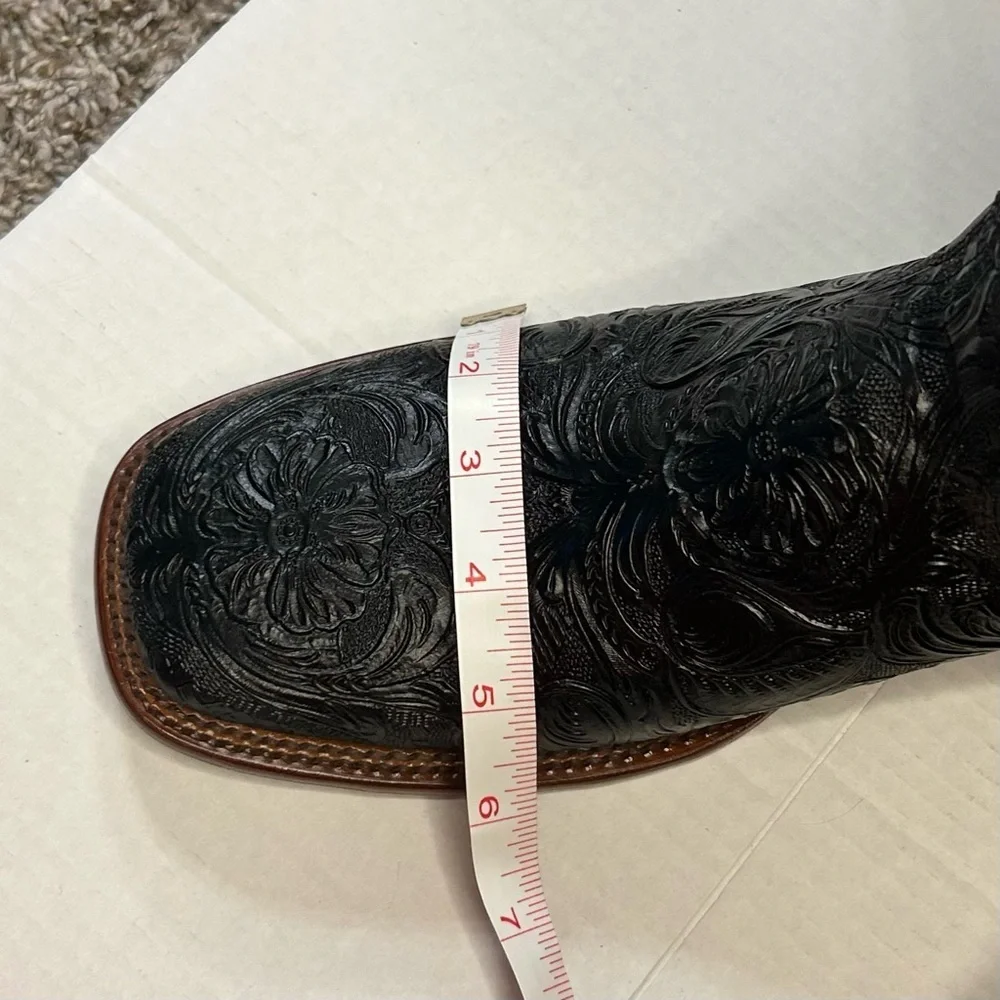 Men's Cowboy Boots Size 10 Black Leather Handmade Intricate Detail Square Toe